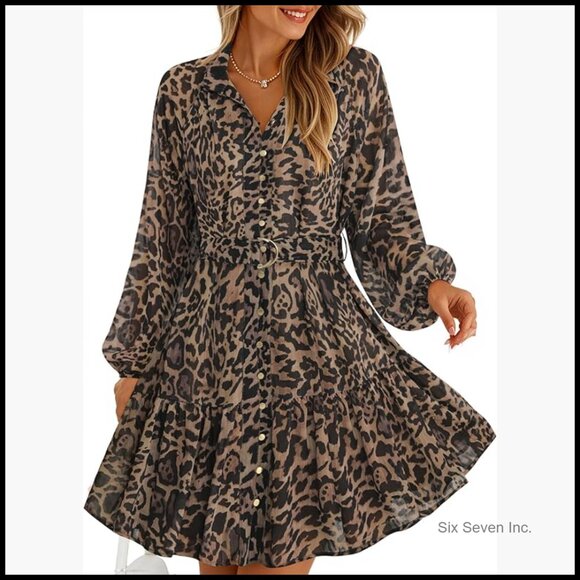 Dresses & Skirts - Long Sleeve Chiffon Floral Mini Dress Button Front A-Line Swing